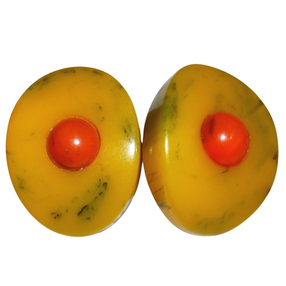 Vintage Butterscotch Bakelite‎ Yellow Red Bullseye Oval Clip On Earrings Retro